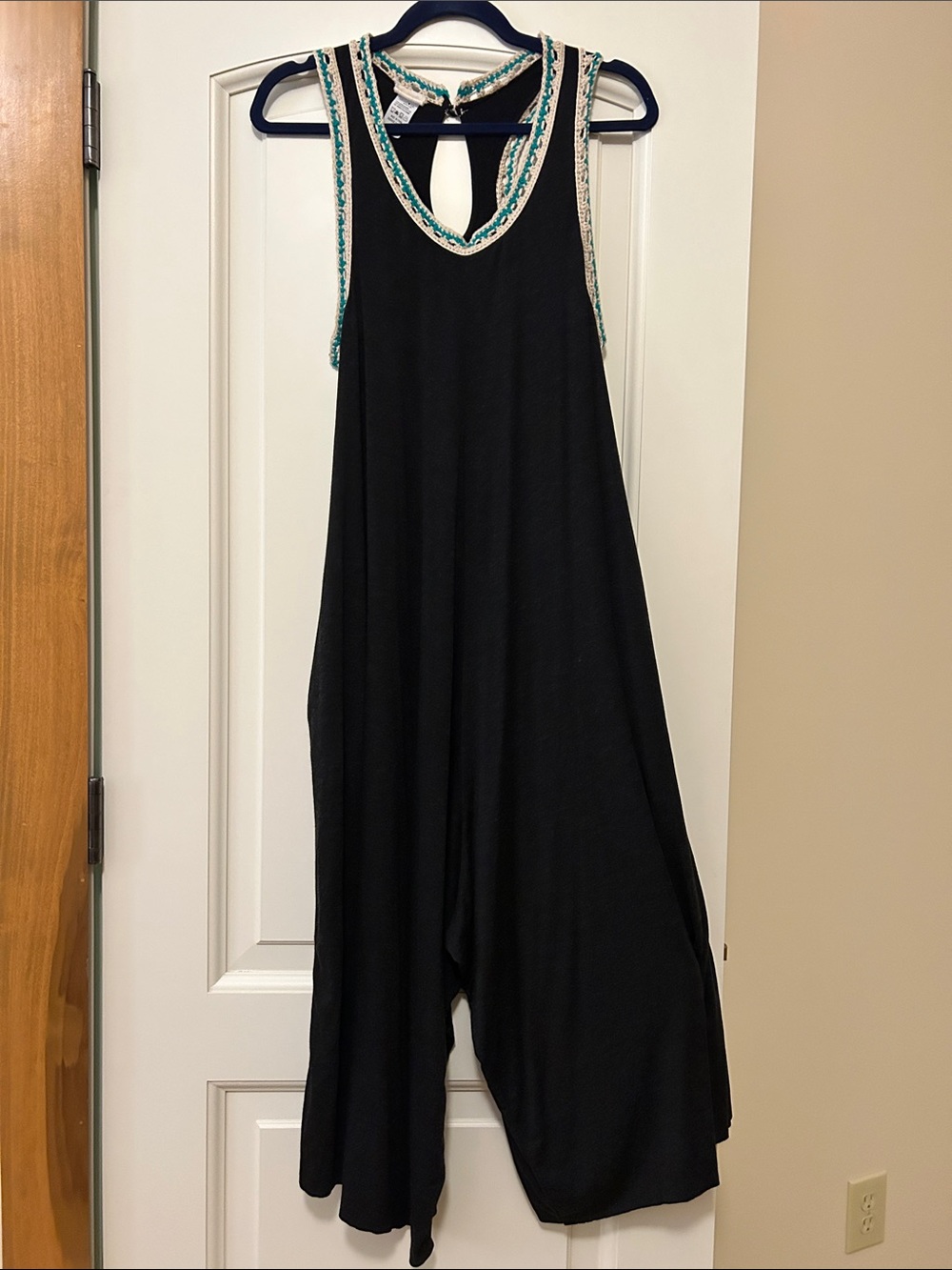 NATURAL LIFE Black Sleeveless Jumpsuit with Teal and Cream Trim